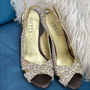 GUESS Beige Logo Slingbac Wedge with Gold Insole Size 6.5
